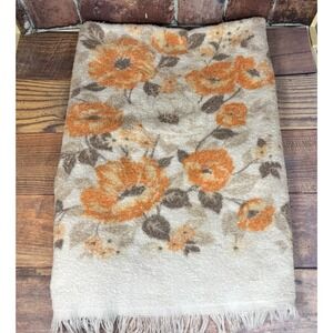 Vintage Cannon Orange Brown White Floral Bath Towel MCM Kitsch USA Retro 1970s